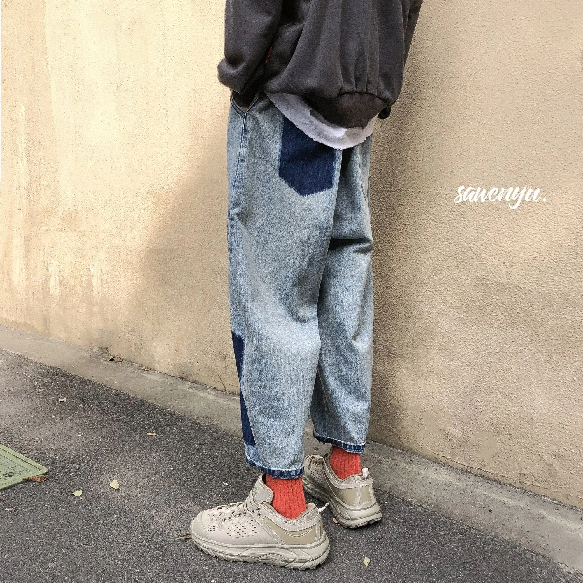 Bonsir Spring Harem Pants Men's Jeans Men Harajuku Vintage Patch Jean Pants Casual Denim Pants Hip Hop Male Ankle-length Trousers