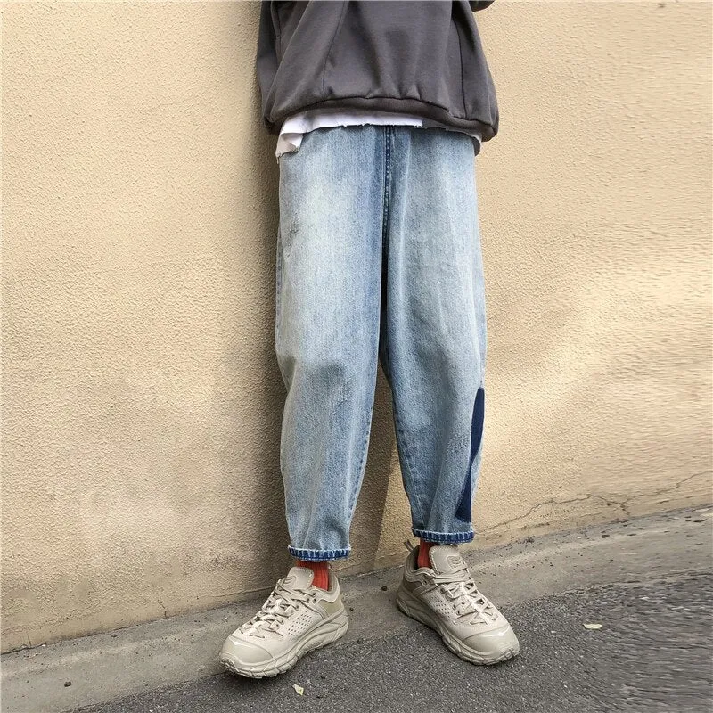 Bonsir Spring Harem Pants Men's Jeans Men Harajuku Vintage Patch Jean Pants Casual Denim Pants Hip Hop Male Ankle-length Trousers