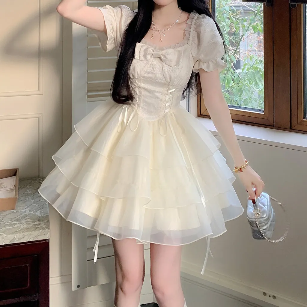 Bow Square Neck Short Sleeve Ruffled Puffy Dress