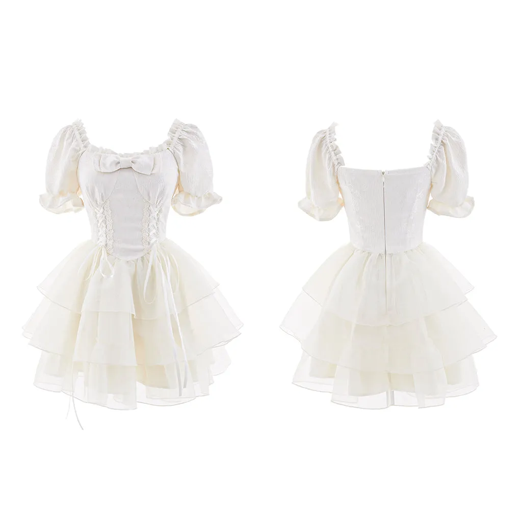 Bow Square Neck Short Sleeve Ruffled Puffy Dress