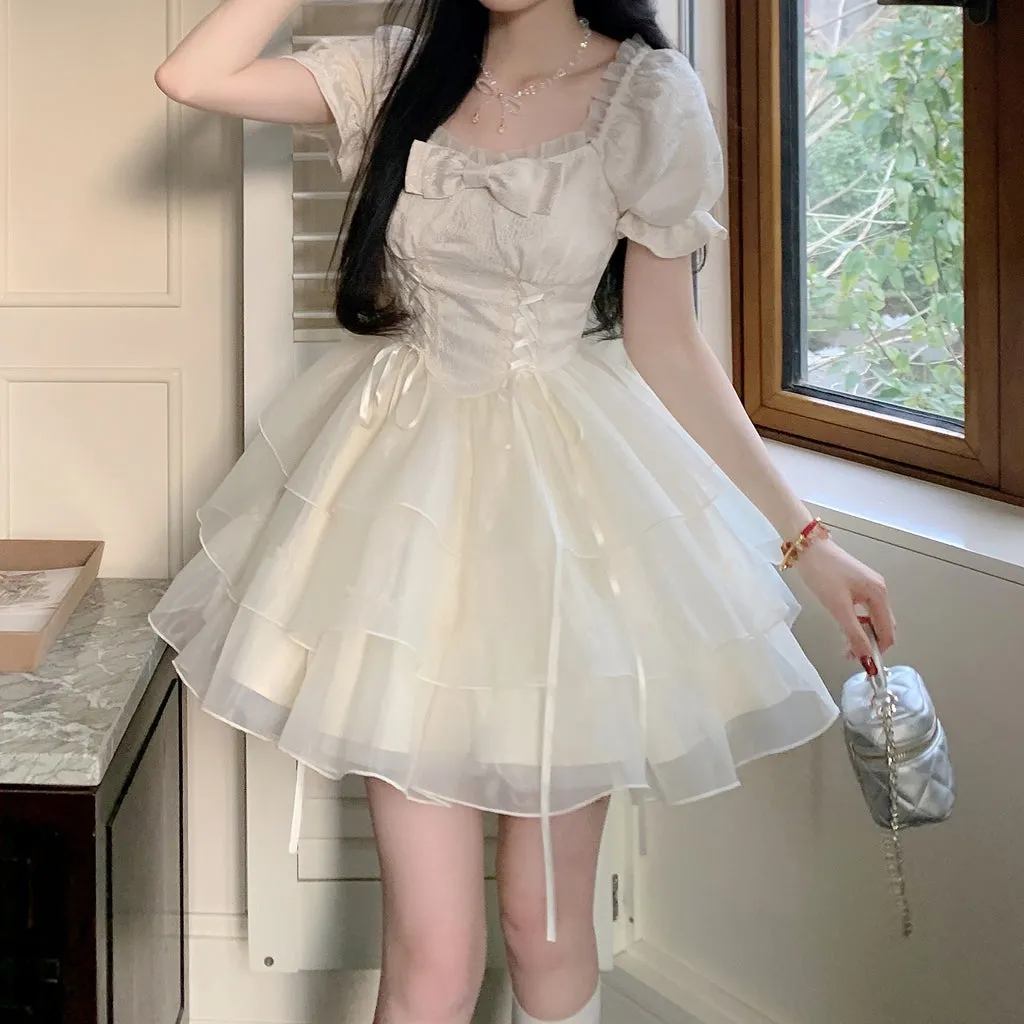 Bow Square Neck Short Sleeve Ruffled Puffy Dress