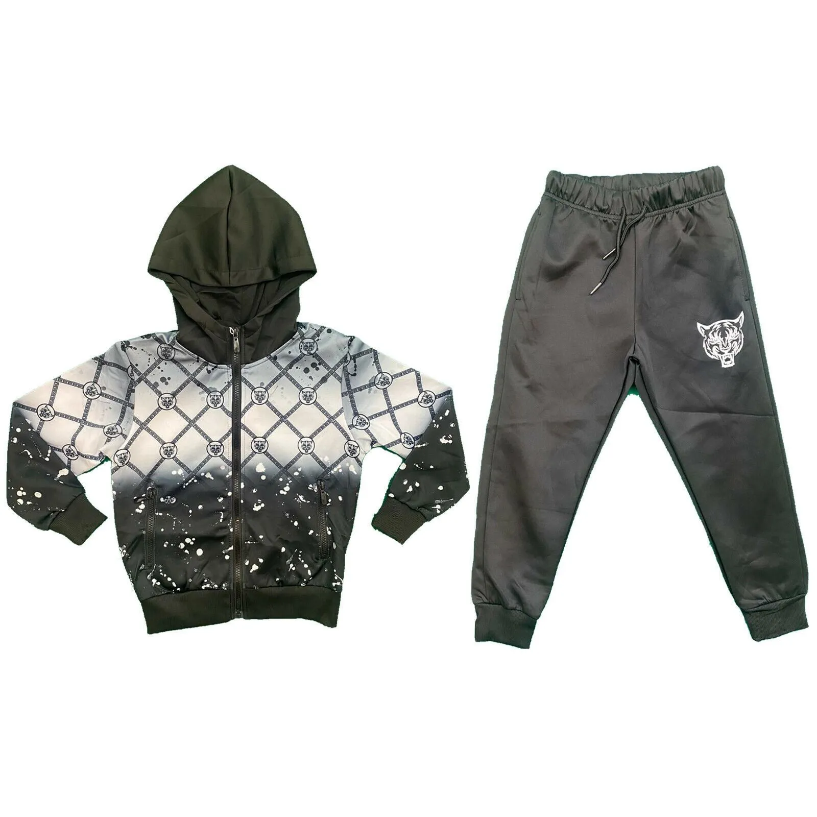 Boys Kids Tiger Chain Print Tracksuit Jacket Joggers Jogging Bottoms Sports Gym