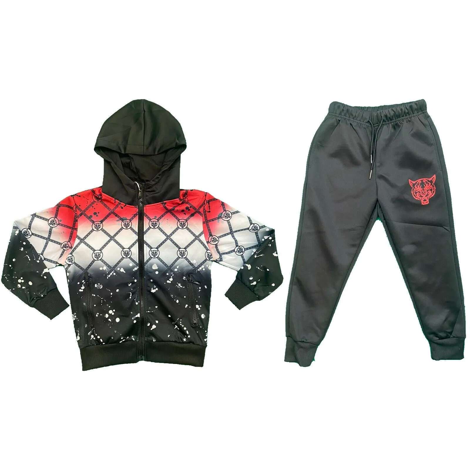 Boys Kids Tiger Chain Print Tracksuit Jacket Joggers Jogging Bottoms Sports Gym