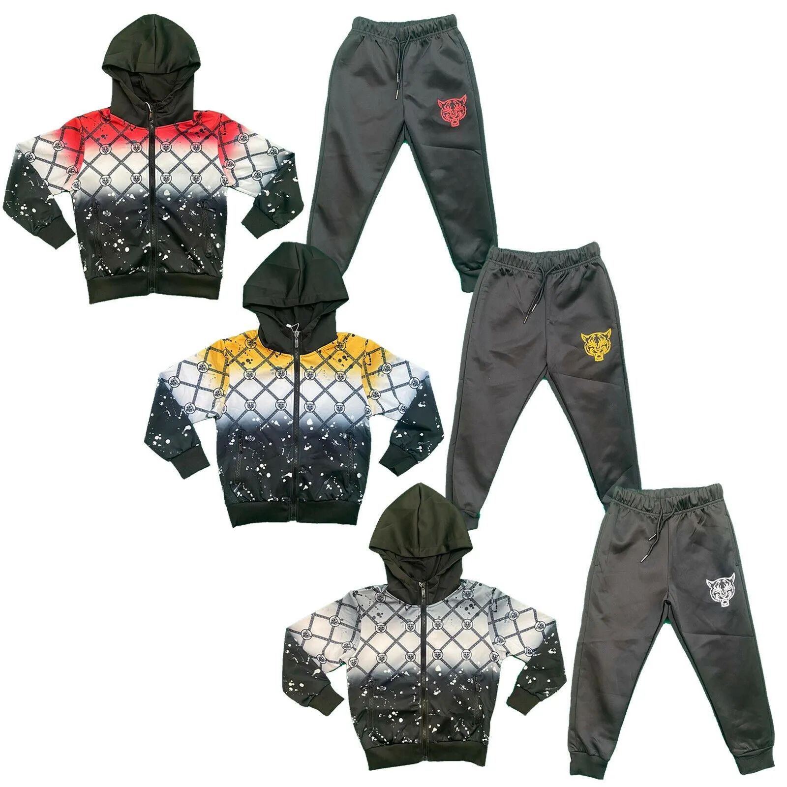 Boys Kids Tiger Chain Print Tracksuit Jacket Joggers Jogging Bottoms Sports Gym