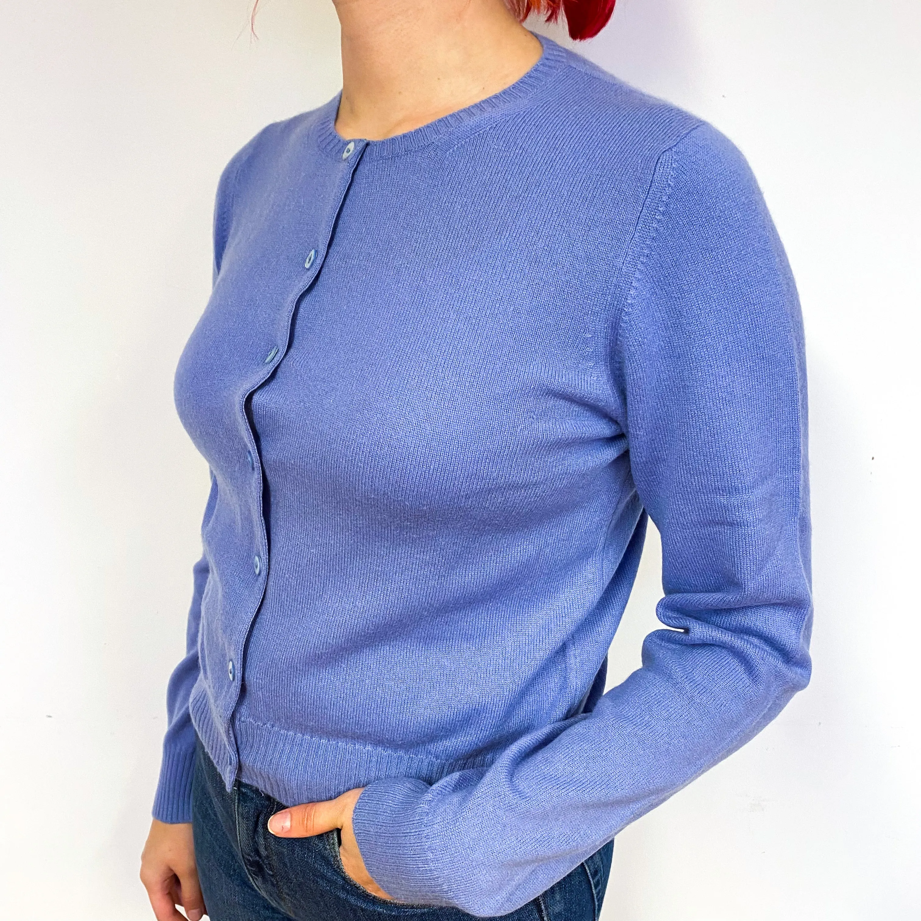 Brora Purple Blue Cashmere Crew Neck Cardigan Small