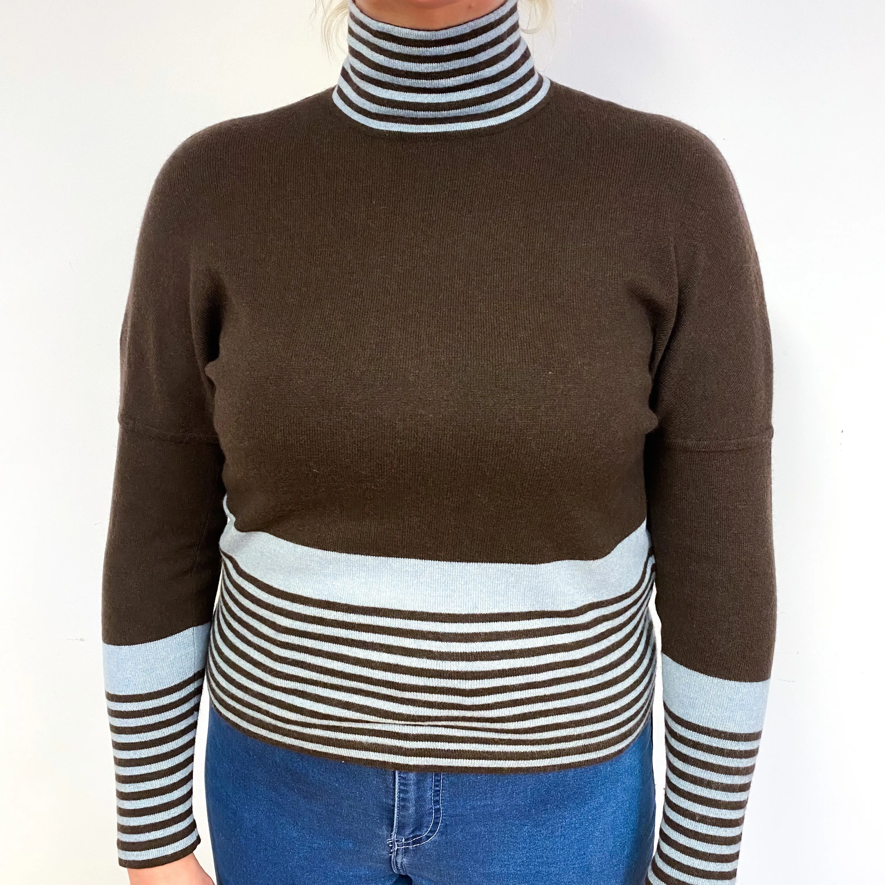 Brown Blue Striped Cashmere Turtle Neck Jumper Large