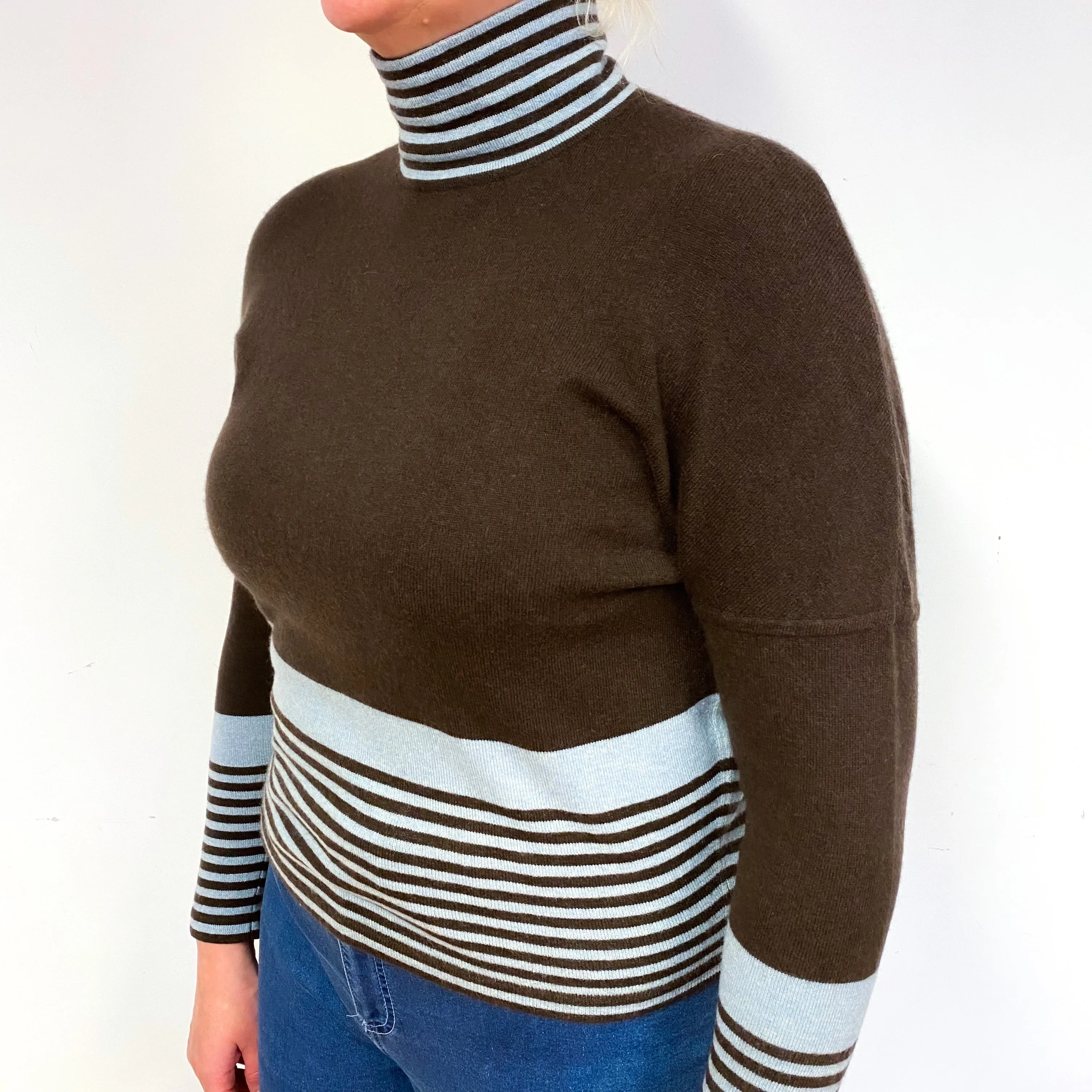 Brown Blue Striped Cashmere Turtle Neck Jumper Large