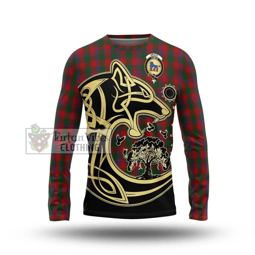 Bruce Old Tartan Long Sleeve T-Shirt with Family Crest Celtic Wolf Style