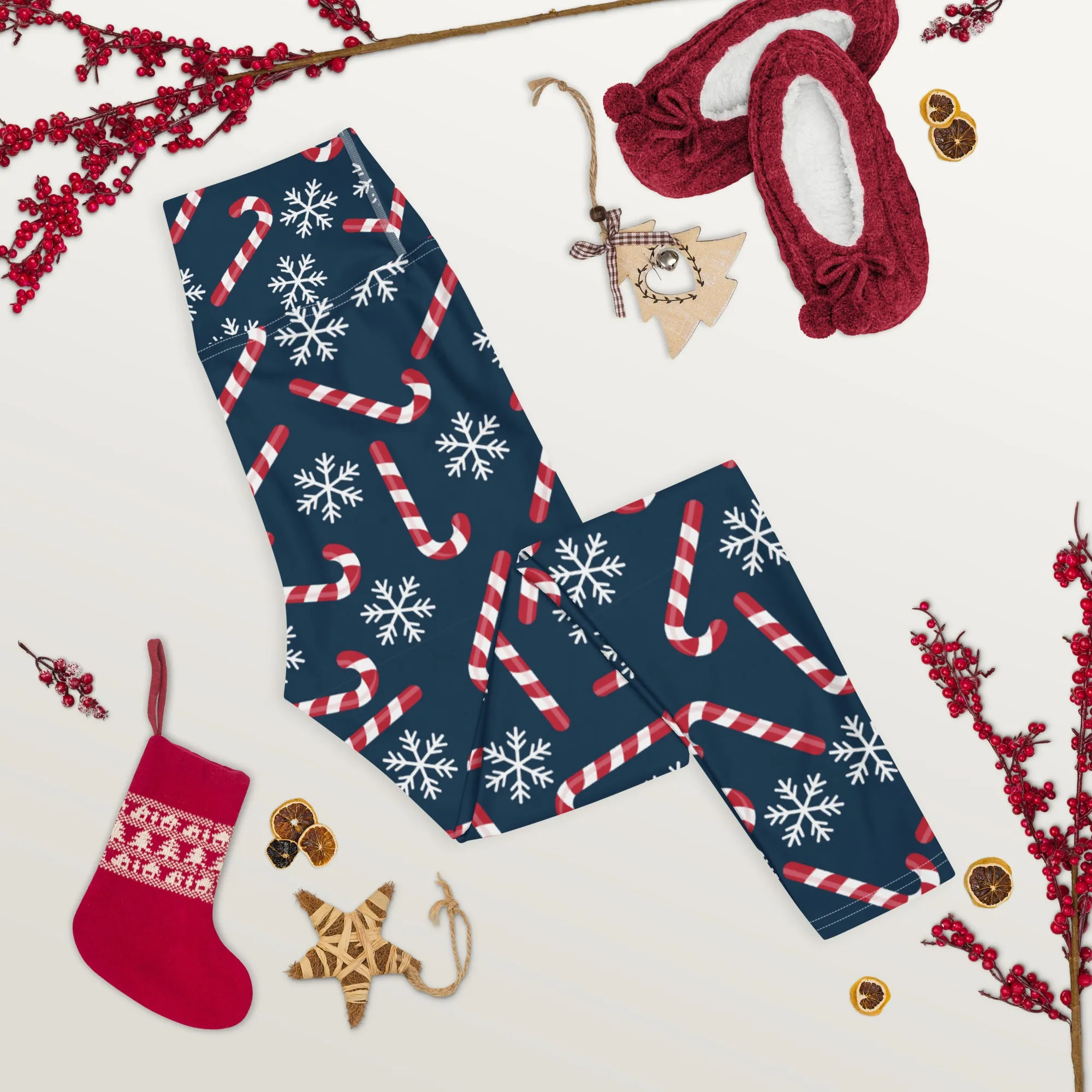 Candy Cane Leggings, High Waisted Snowflakes Blue Christmas Holidays Printed Yoga Workout Winter Party Women Pants