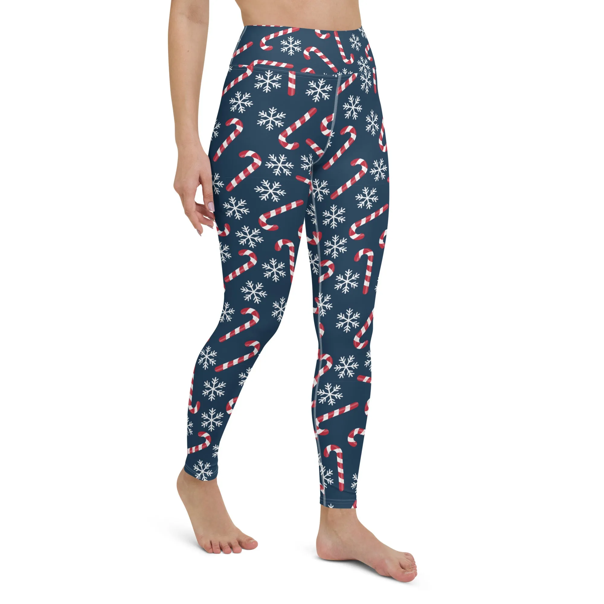 Candy Cane Leggings, High Waisted Snowflakes Blue Christmas Holidays Printed Yoga Workout Winter Party Women Pants