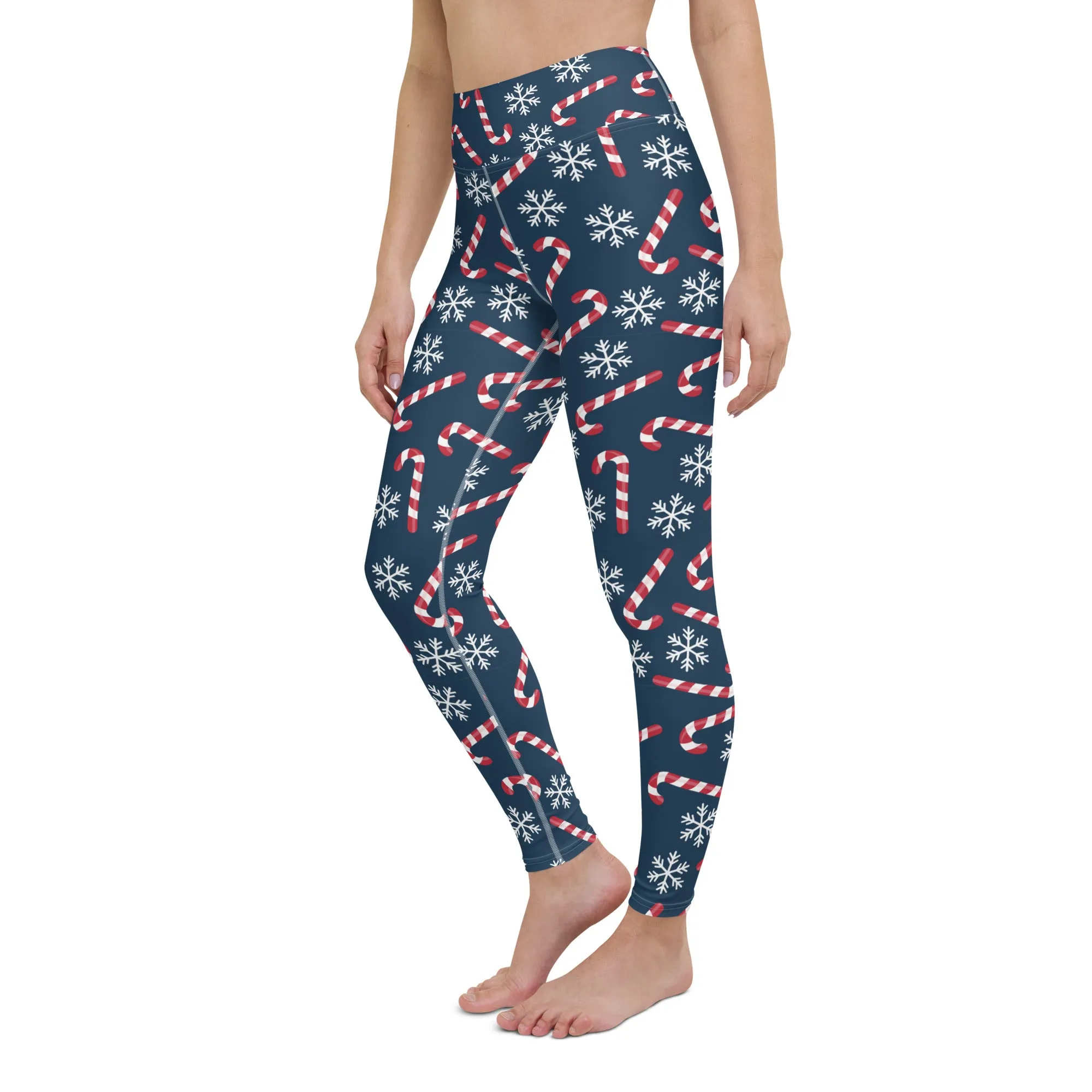 Candy Cane Leggings, High Waisted Snowflakes Blue Christmas Holidays Printed Yoga Workout Winter Party Women Pants