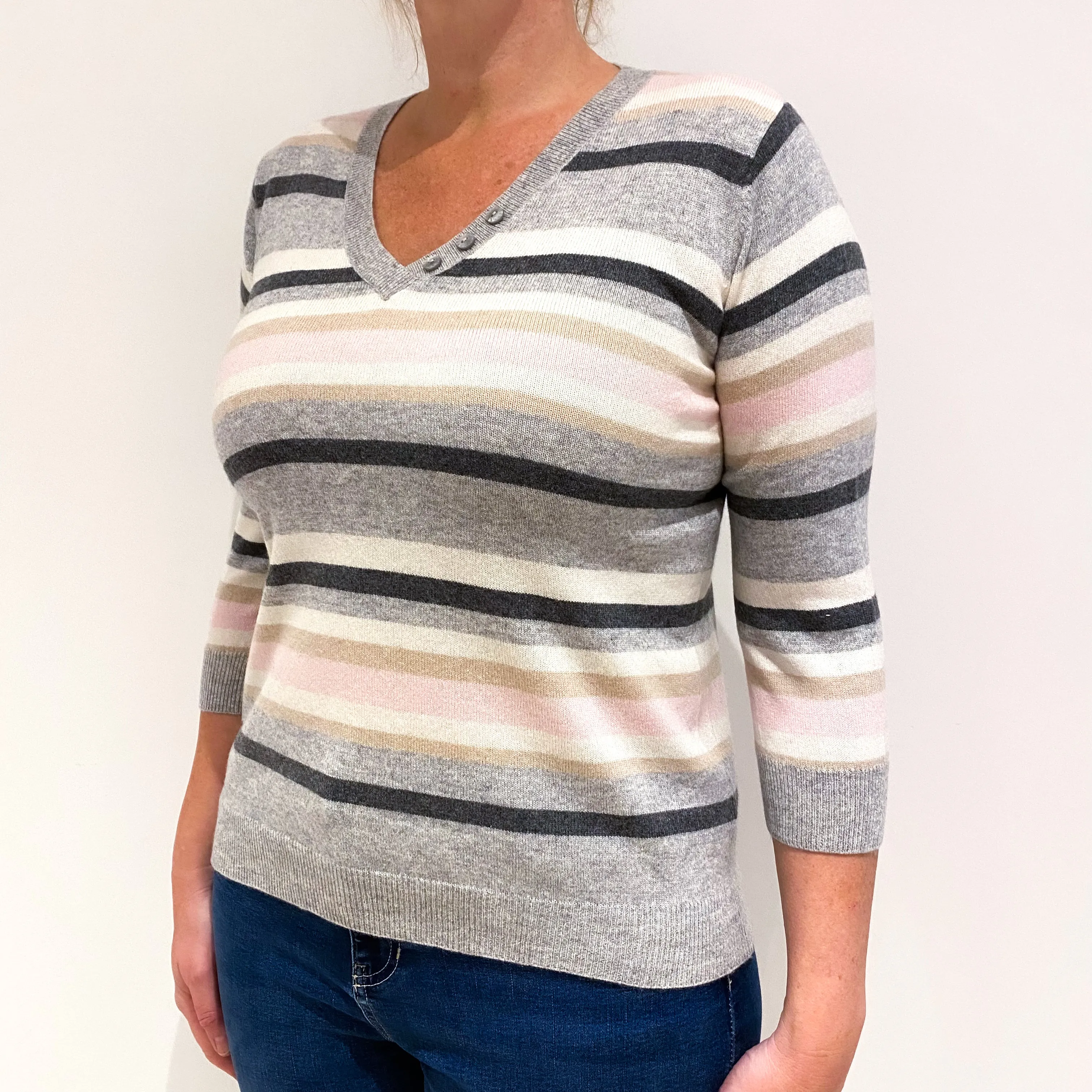 Carnation Pink, Grey and Cream Striped Cashmere V-Neck Jumper Large