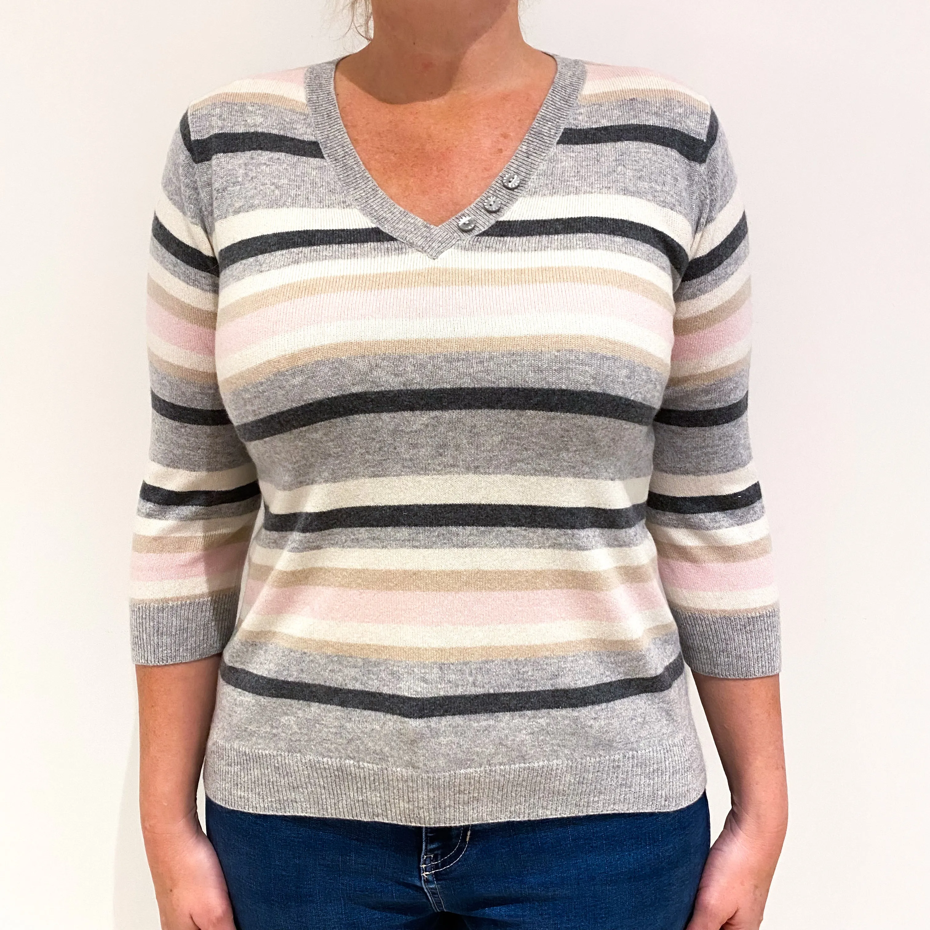 Carnation Pink, Grey and Cream Striped Cashmere V-Neck Jumper Large