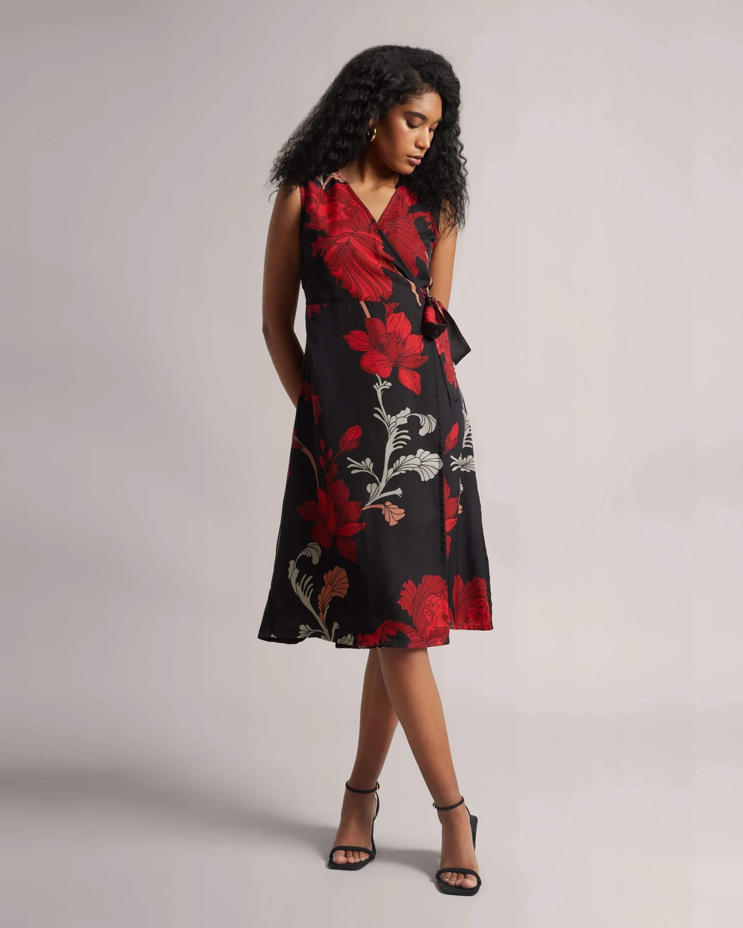 Charcoal Black Fiery Print Wrap Midi Dress