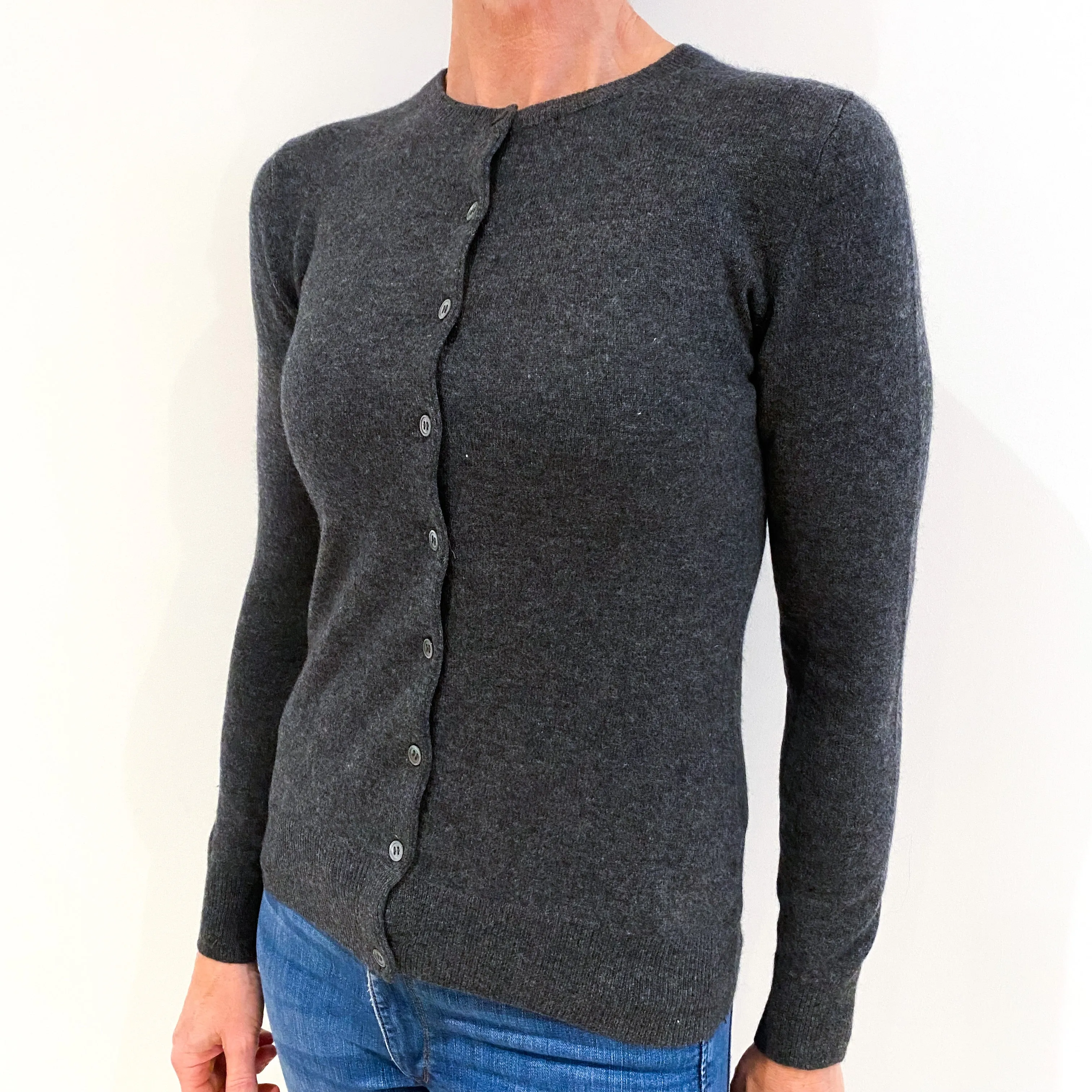 Charcoal Grey Cashmere Crew Neck Cardigan Small