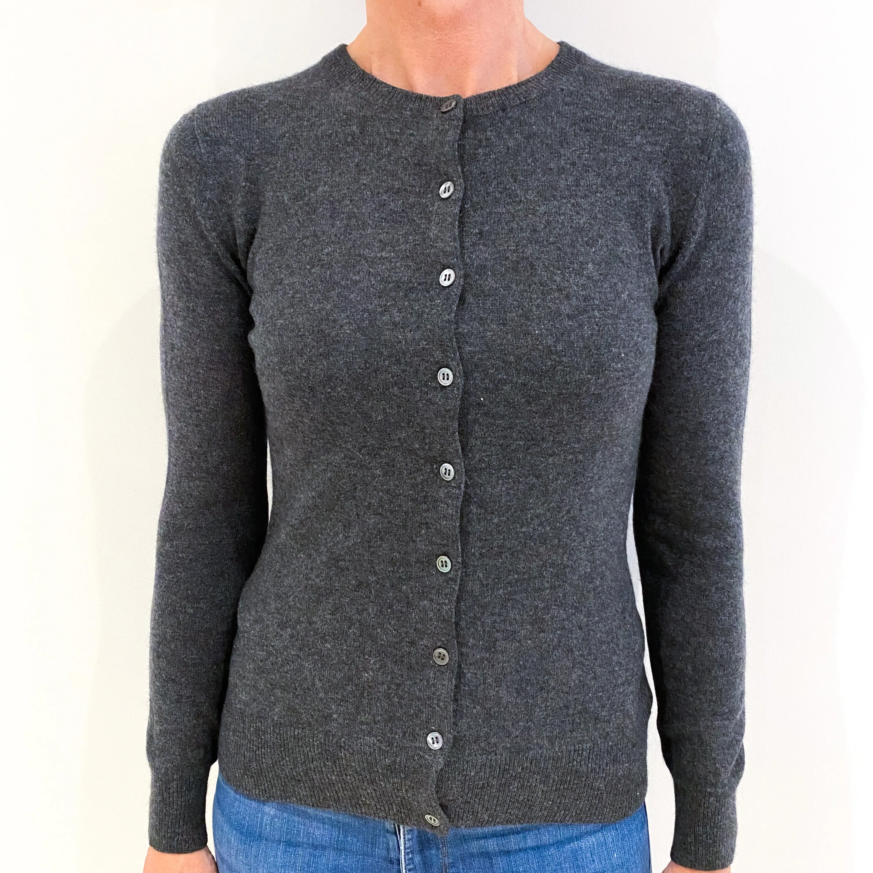 Charcoal Grey Cashmere Crew Neck Cardigan Small