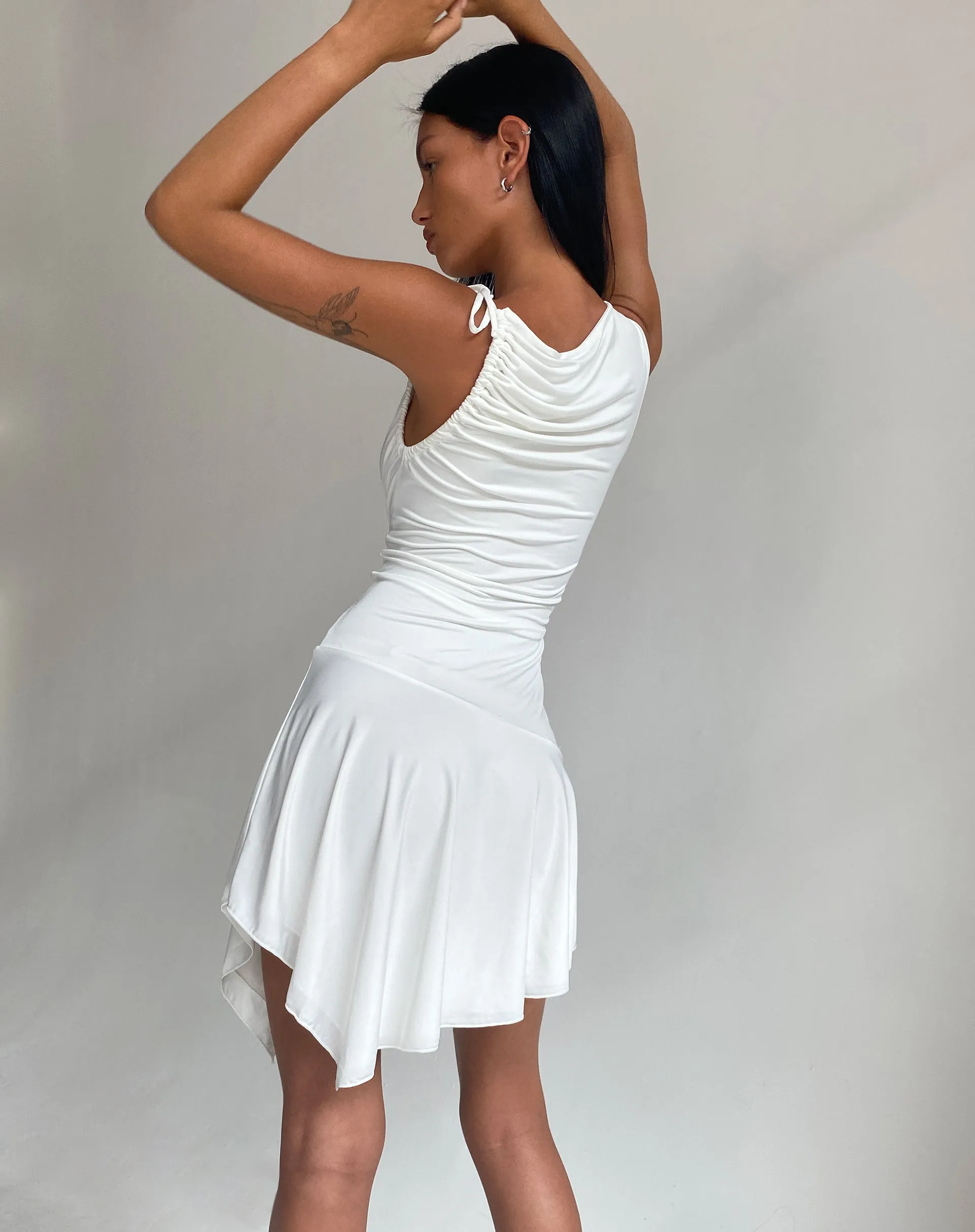 Chaya Waterfall Hem Mini Dress in Slinky Ivory