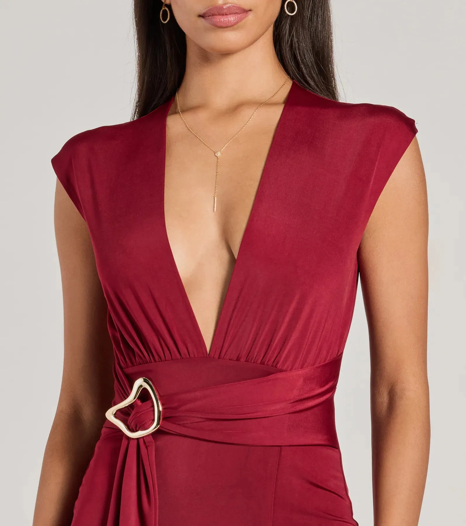 Chic Example V-Neck Belted Slit Midi Dress