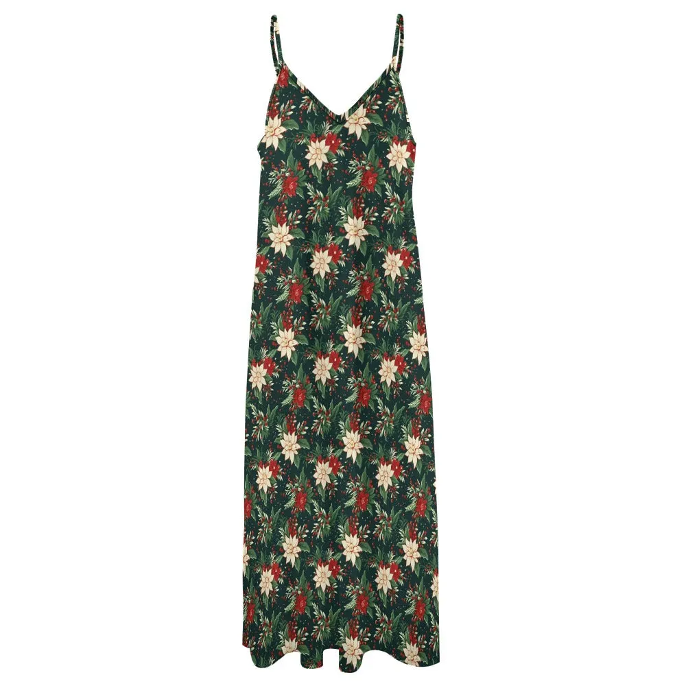 Christmas Party Maxi Dress, Green Red Vintage Xmas Berries Long Spaghetti Straps Women Sleeveless Casual Cute Designer Plus Size Cocktail