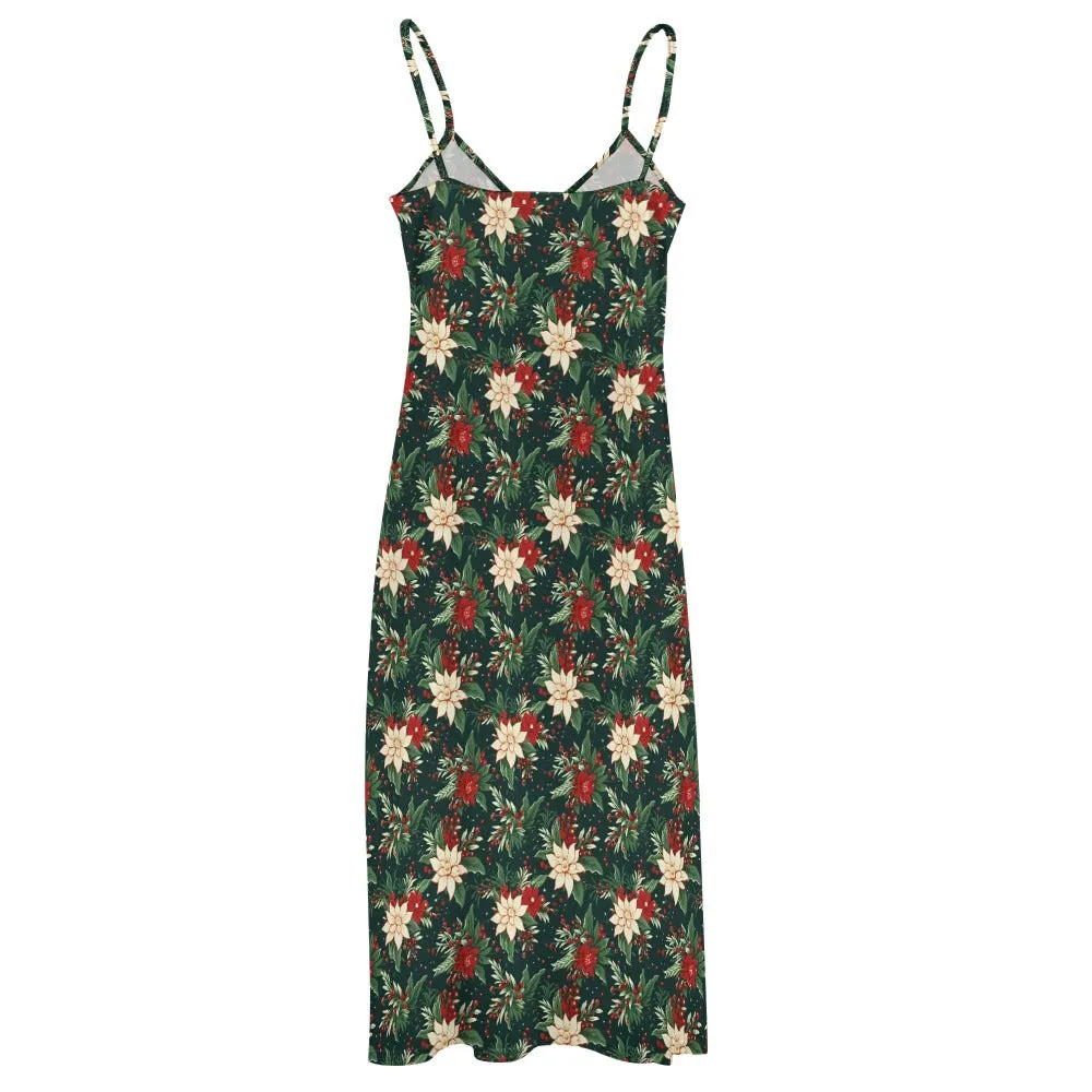 Christmas Party Maxi Dress, Green Red Vintage Xmas Berries Long Spaghetti Straps Women Sleeveless Casual Cute Designer Plus Size Cocktail