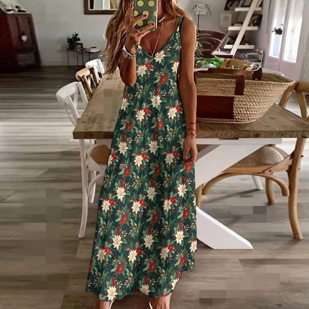 Christmas Party Maxi Dress, Green Red Vintage Xmas Berries Long Spaghetti Straps Women Sleeveless Casual Cute Designer Plus Size Cocktail