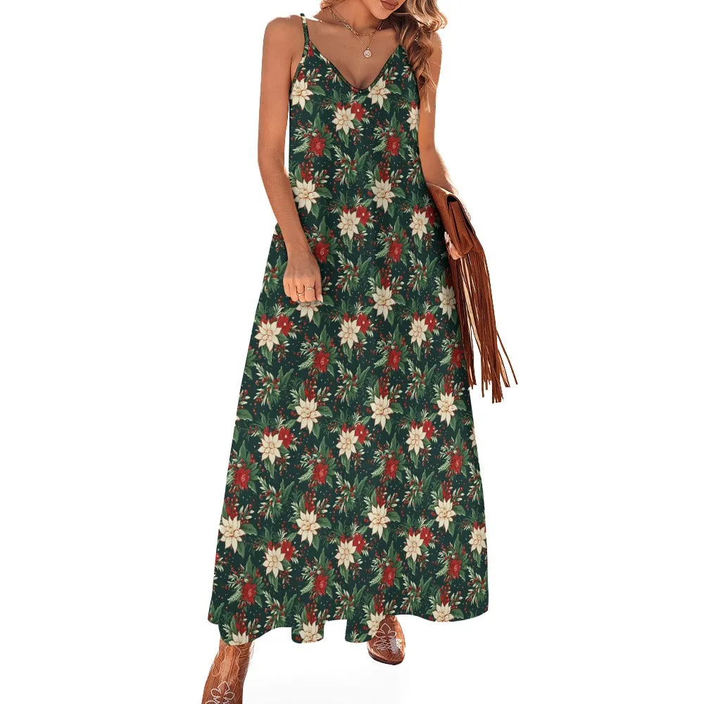 Christmas Party Maxi Dress, Green Red Vintage Xmas Berries Long Spaghetti Straps Women Sleeveless Casual Cute Designer Plus Size Cocktail