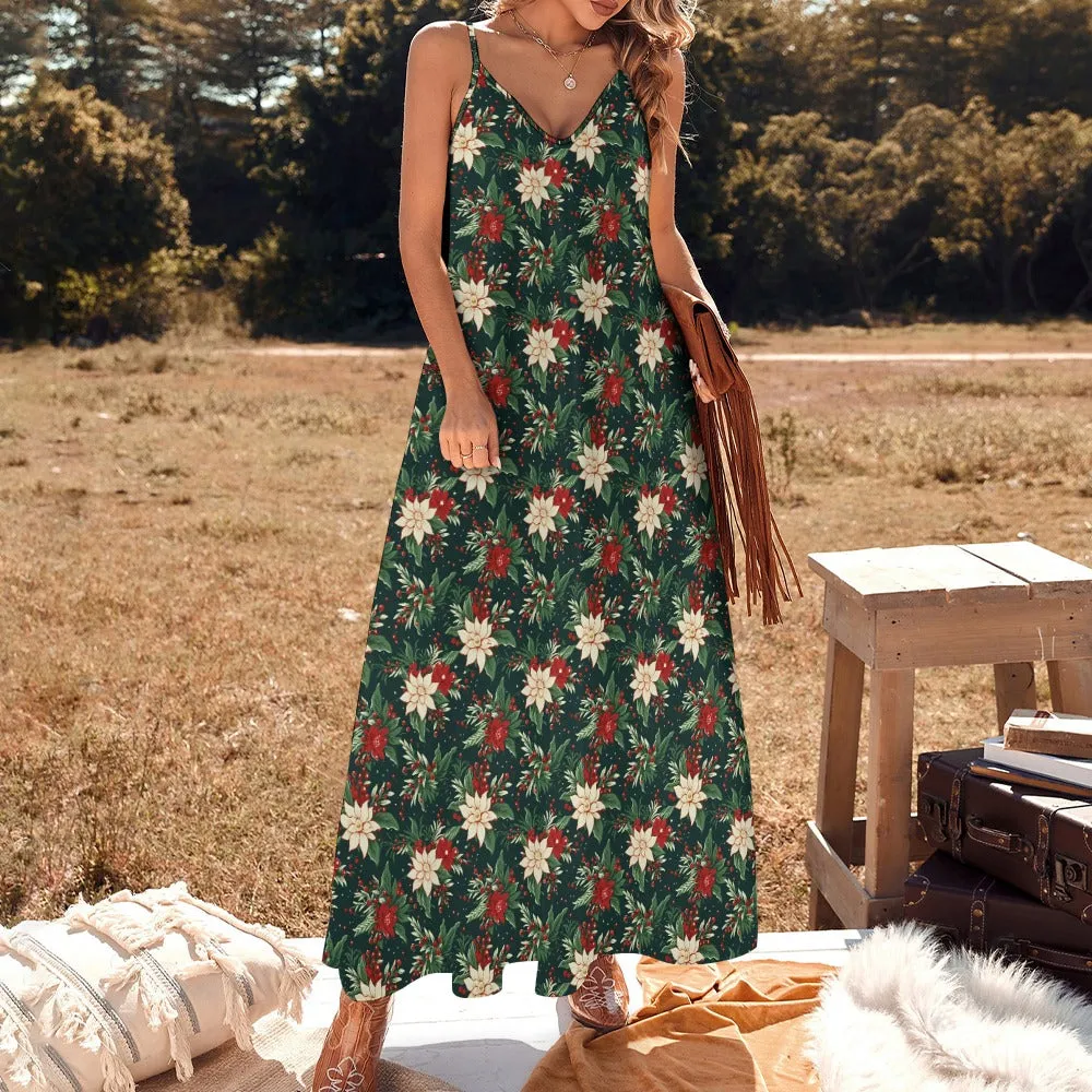 Christmas Party Maxi Dress, Green Red Vintage Xmas Berries Long Spaghetti Straps Women Sleeveless Casual Cute Designer Plus Size Cocktail