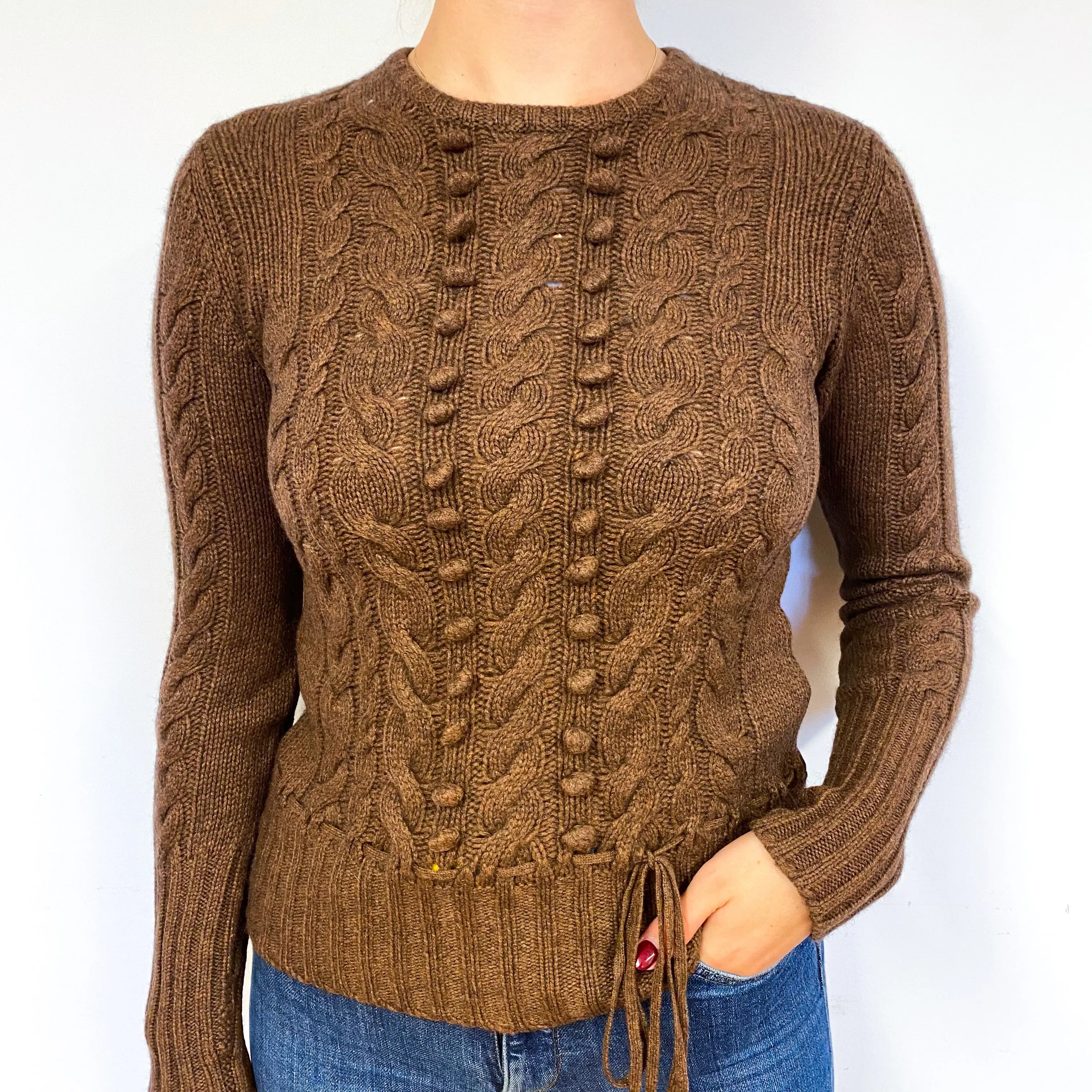 Chunky Brown Cable Cashmere Crew Neck Jumper Small