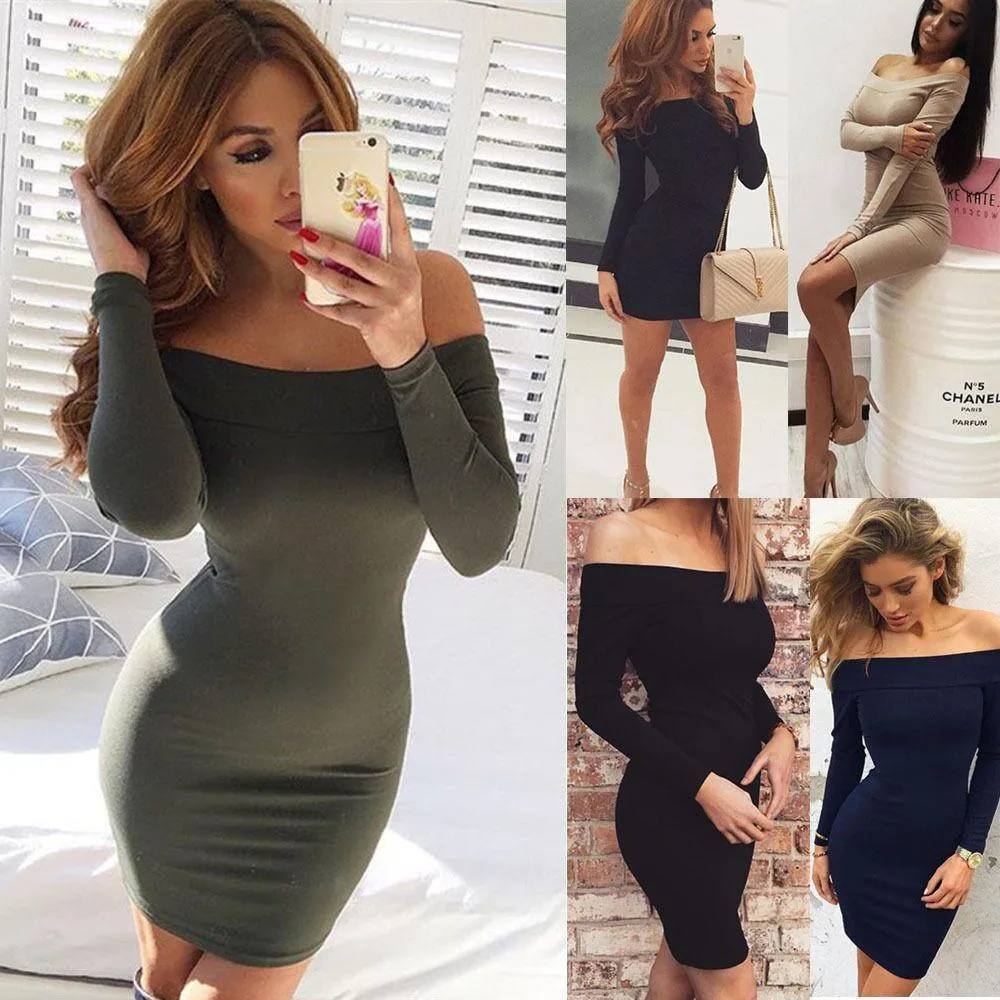 Clearance Sexy Off Shoulder Short Pure Color Long Sleeve Bodycon Dress