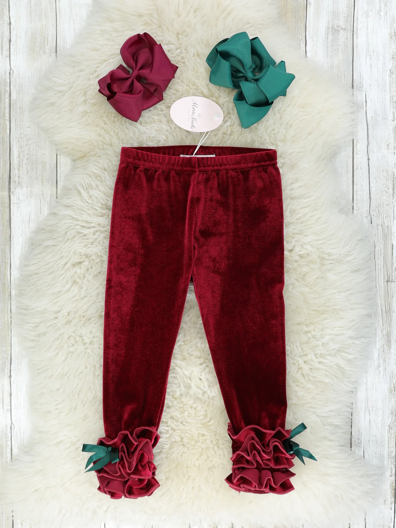 Crimson Red Velvet Ruffle Leggings