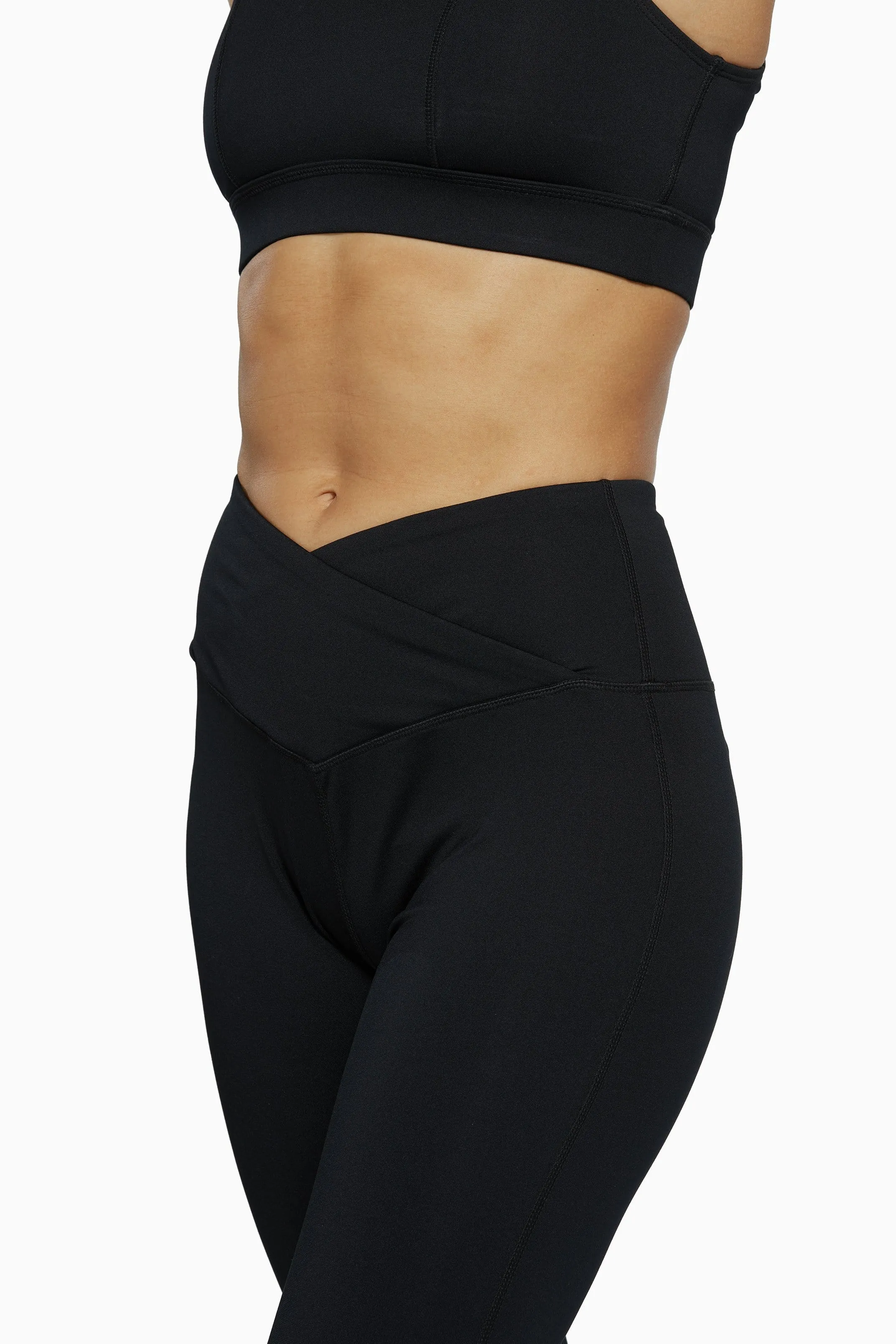 Cropped Leggings with Crossover Waistband Black