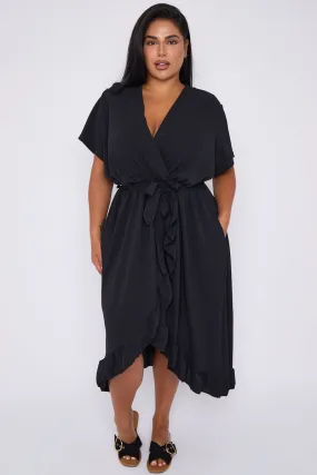 Curve Ruffle Detail Wrap Dress - Black