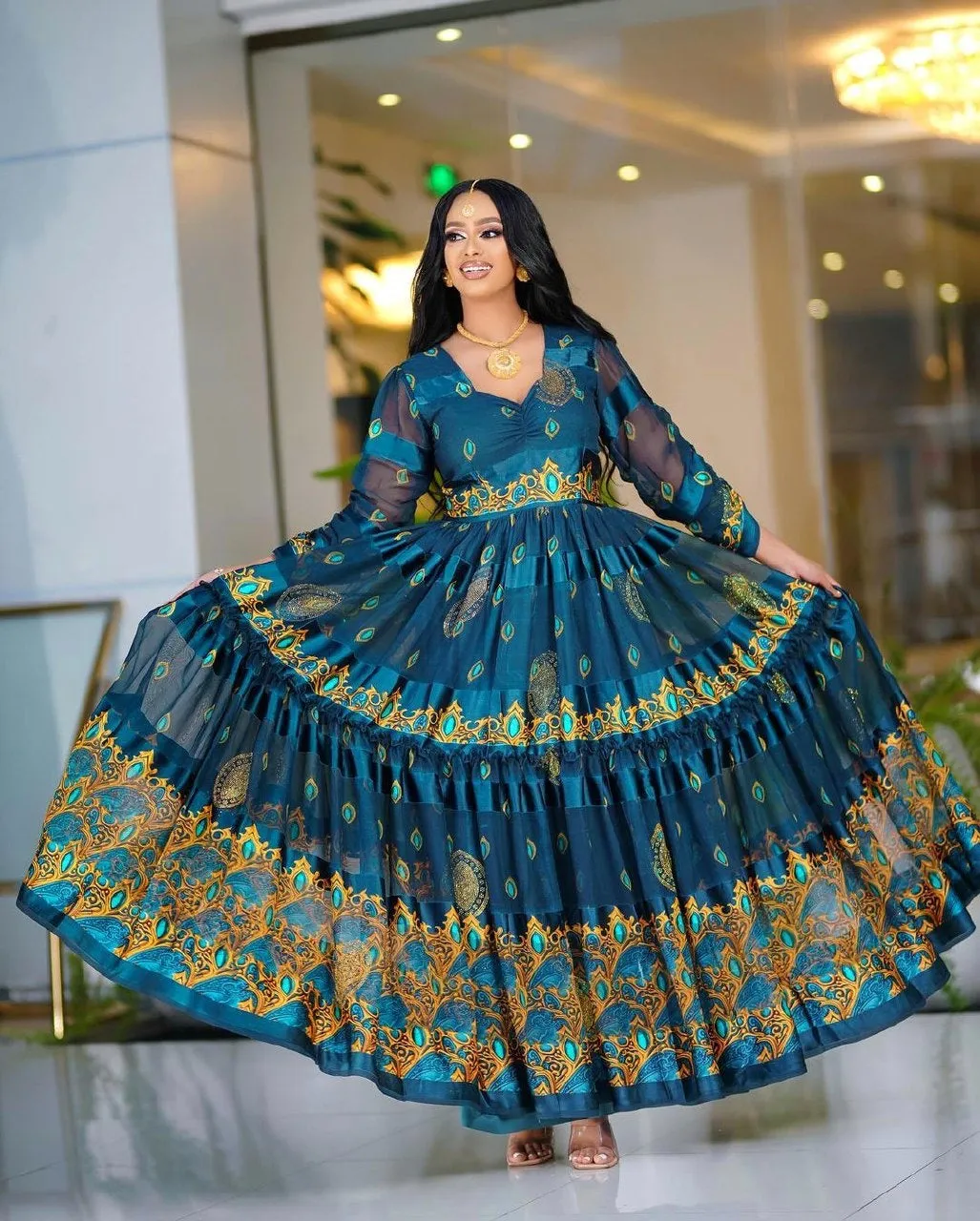 Dark Blue Shiffon Dress Exquisite Ethiopian Traditional Chiffon Dress Habesha Kemis