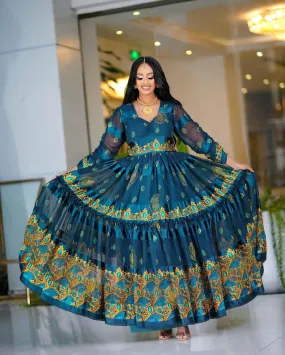 Dark Blue Shiffon Dress Exquisite Ethiopian Traditional Chiffon Dress Habesha Kemis