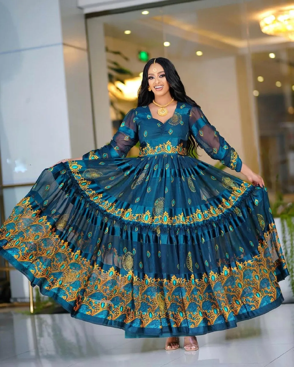 Dark Blue Shiffon Dress Exquisite Ethiopian Traditional Chiffon Dress Habesha Kemis