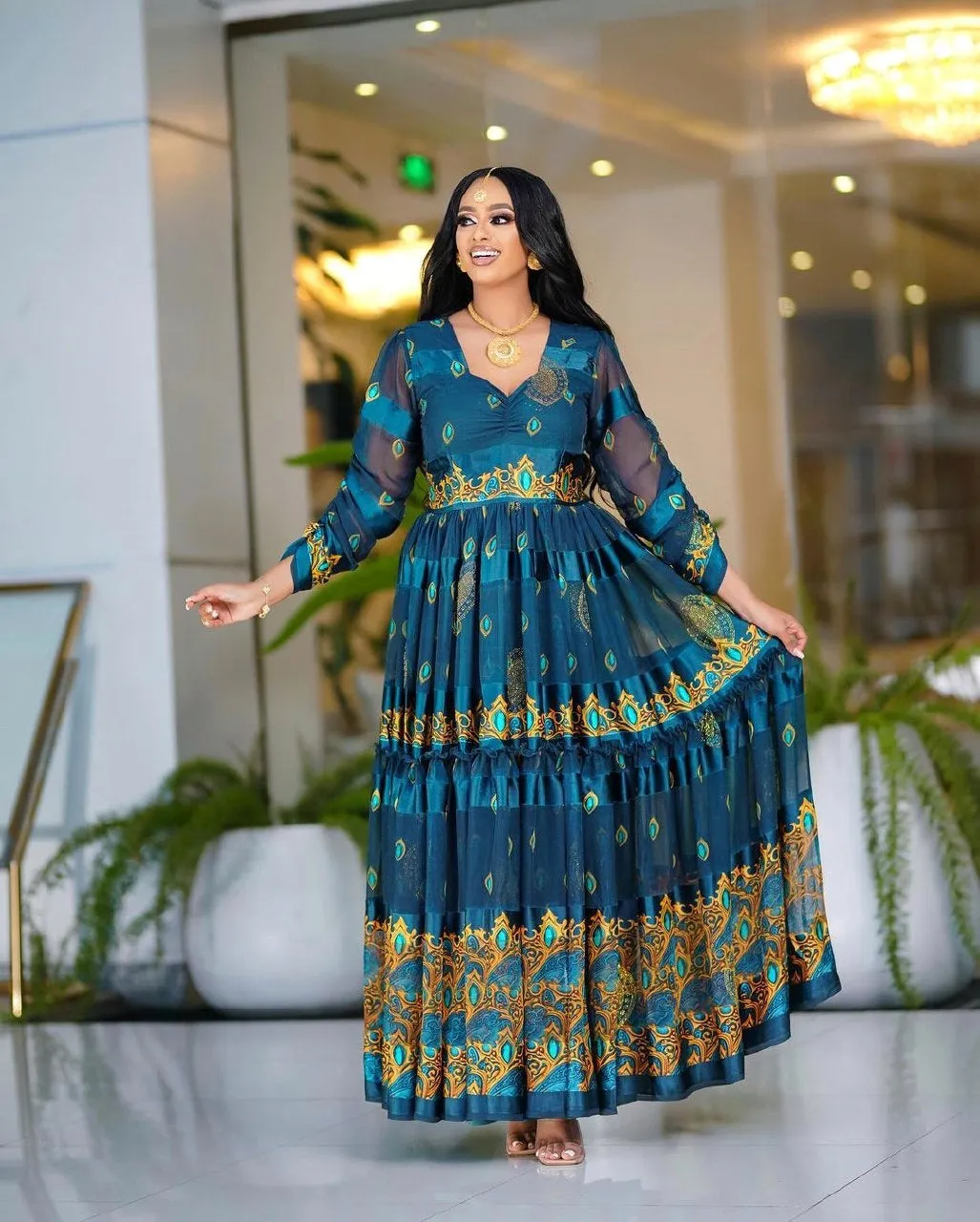 Dark Blue Shiffon Dress Exquisite Ethiopian Traditional Chiffon Dress Habesha Kemis