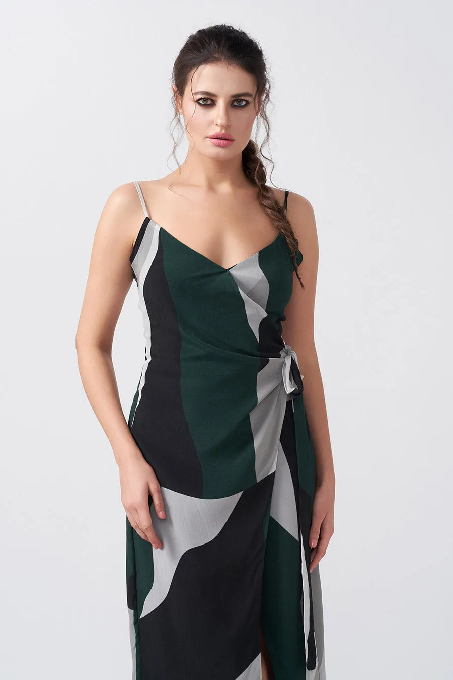 Dark Green Abstract Printed Wrap Dress