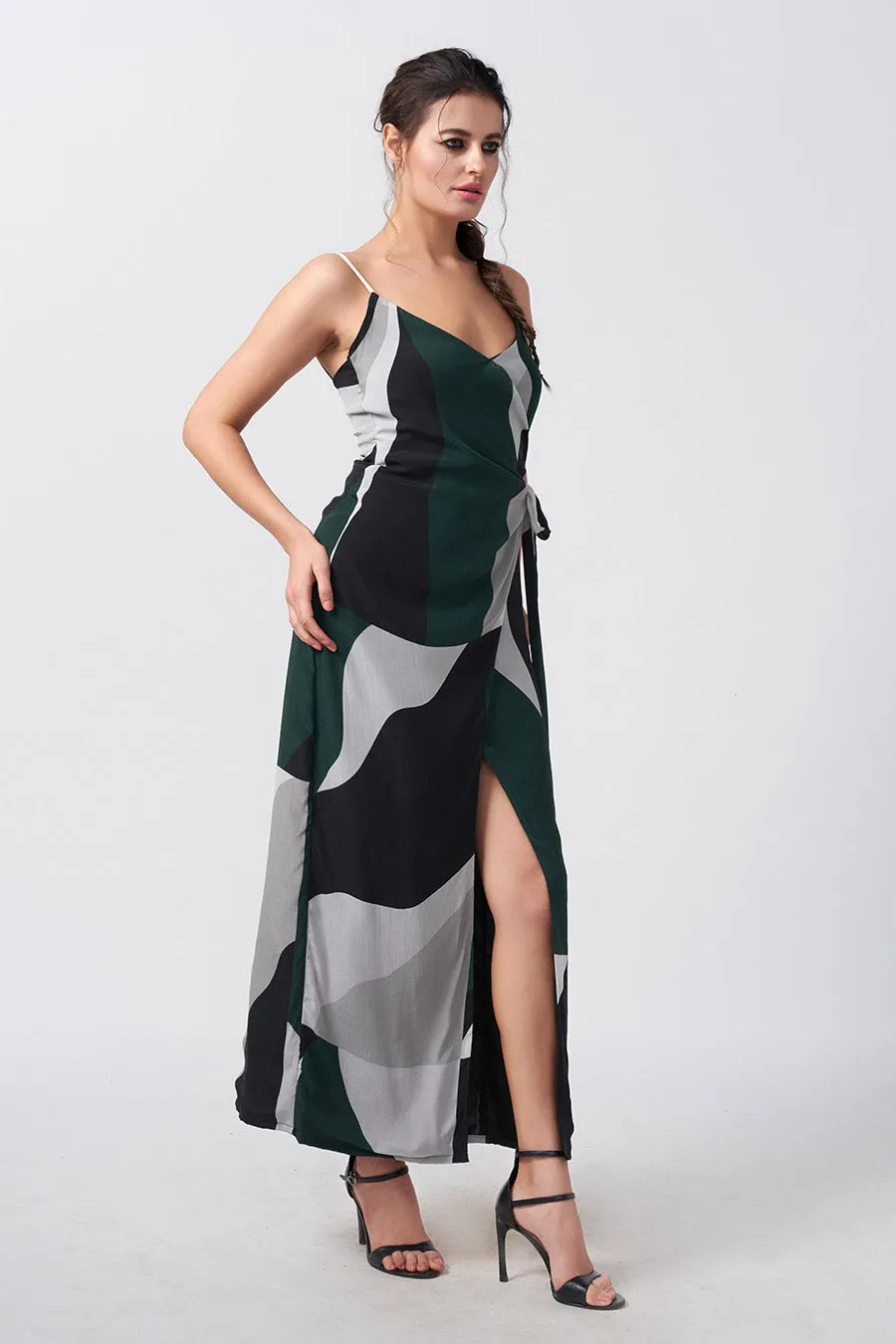 Dark Green Abstract Printed Wrap Dress