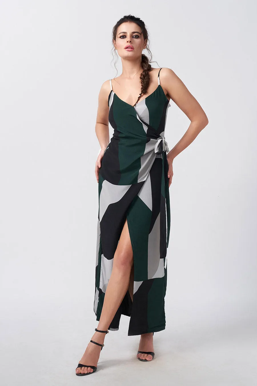 Dark Green Abstract Printed Wrap Dress