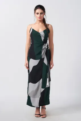 Dark Green Abstract Printed Wrap Dress