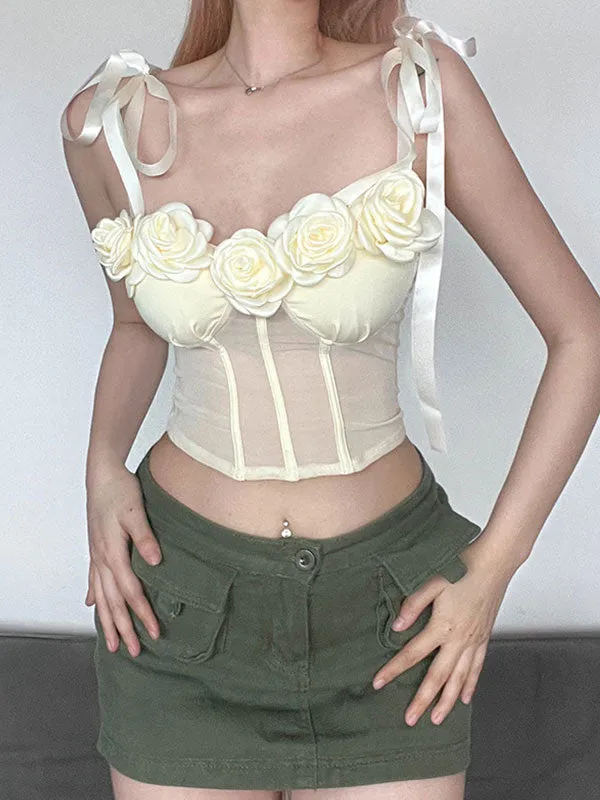 Design Flower Patchwork Adjustable Tie Corset Top