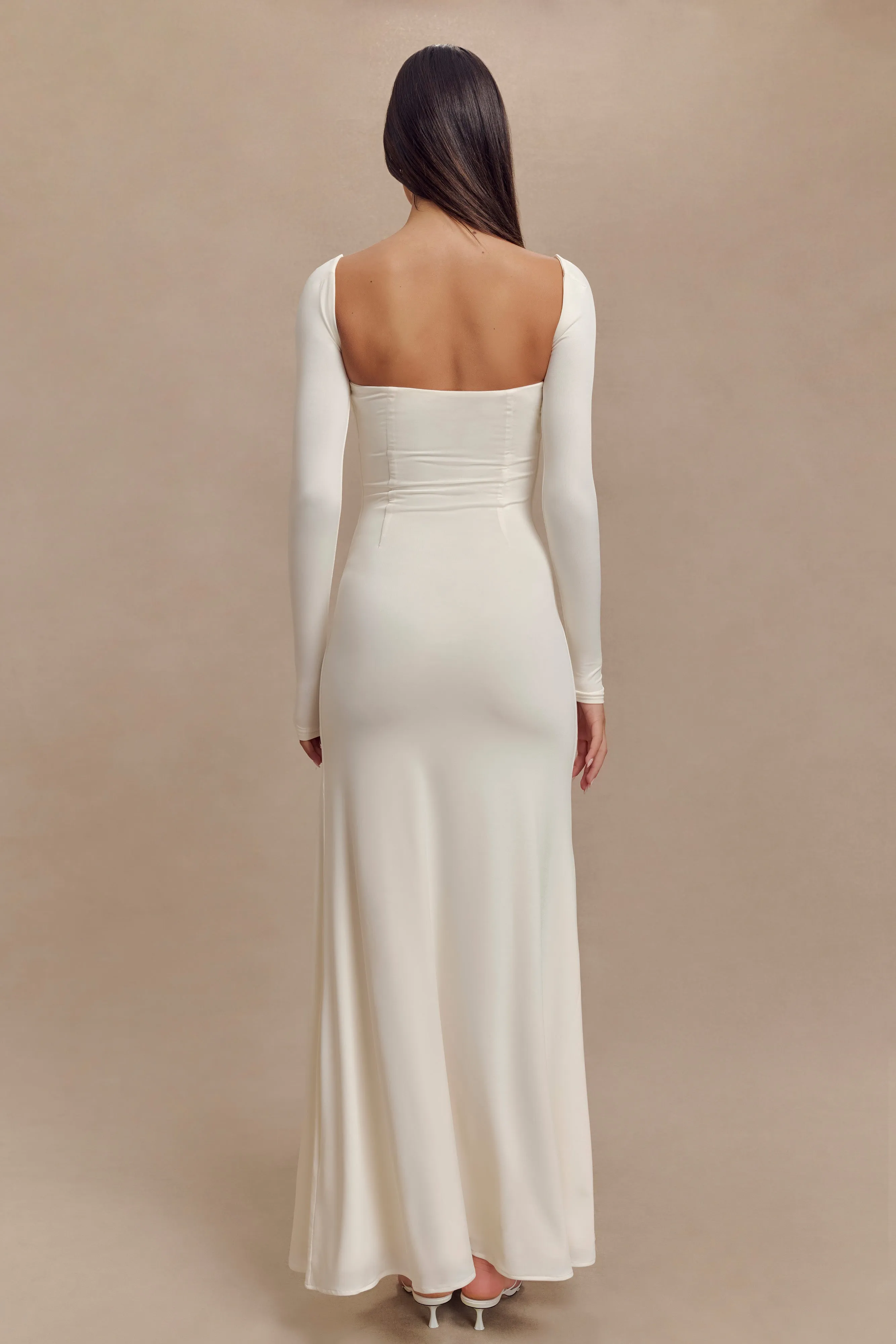 Desirie Slinky Long Sleeve Maxi Dress With Split - Ivory