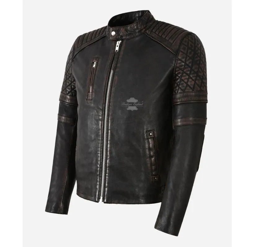 Distressed Racer Leather Jacket Men's Biker Black Bronze Vintage Jacket