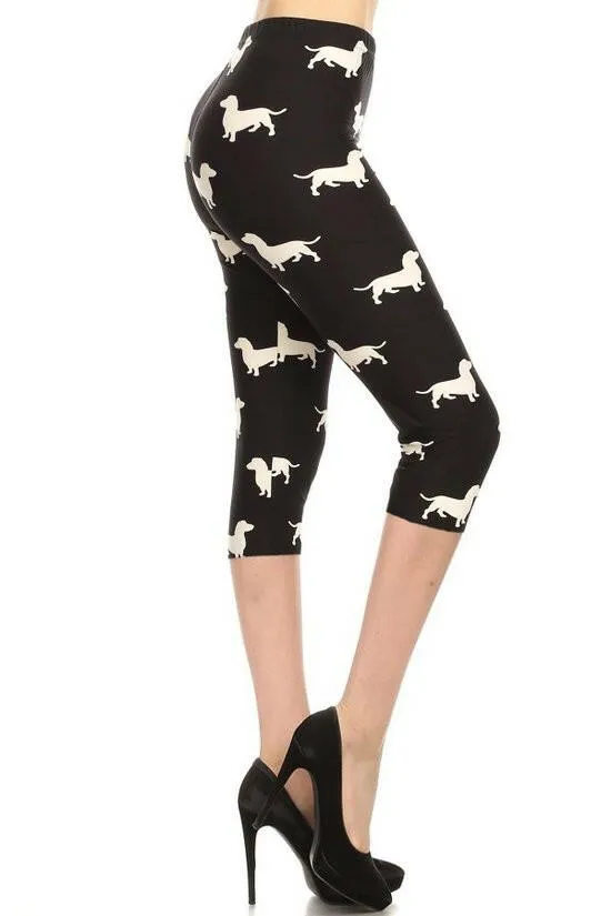 Dog Print, High Waisted Capri Leggings In A Fitted Style With An Elastic