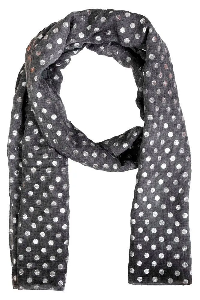 FabSeasons Casual Grey Cotton Solid Scarf with Printed Silver Polka Dots