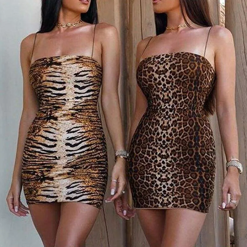 FashionSierra - Women Ladies Leopard Printed Sleeveless Short Mini Dress Evening Party Beach Bodycon Slim Fit Dresses Sundress