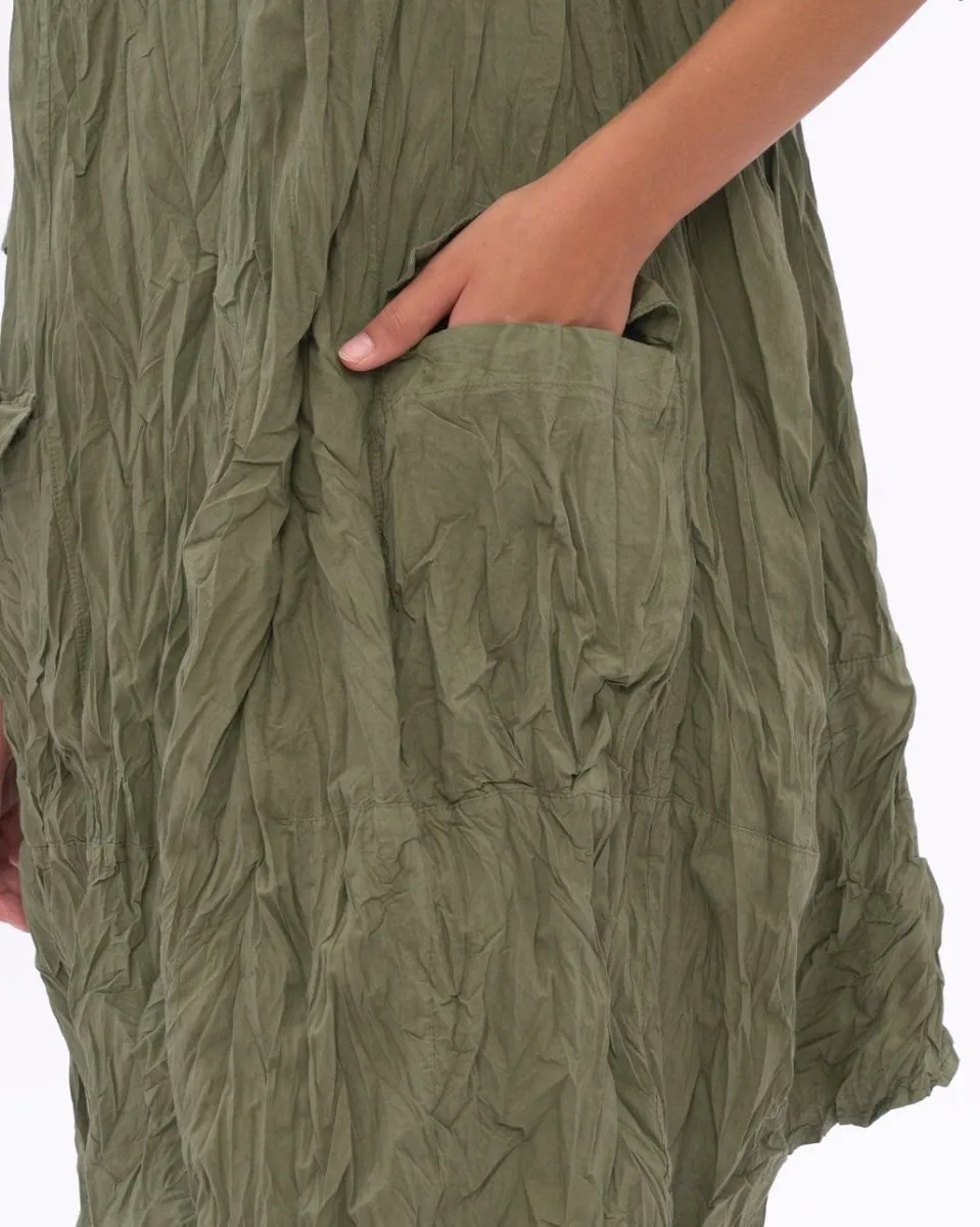 Flap Pocket Pleated Crinkled Dress