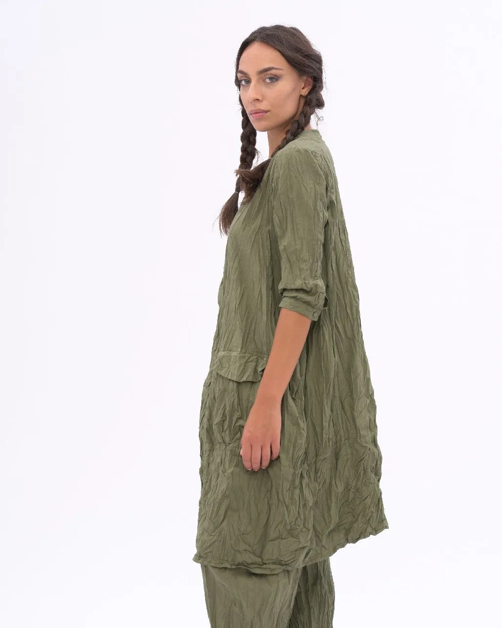 Flap Pocket Pleated Crinkled Dress