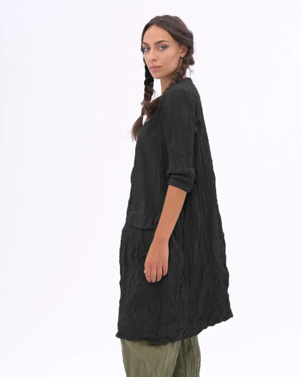 Flap Pocket Pleated Crinkled Dress