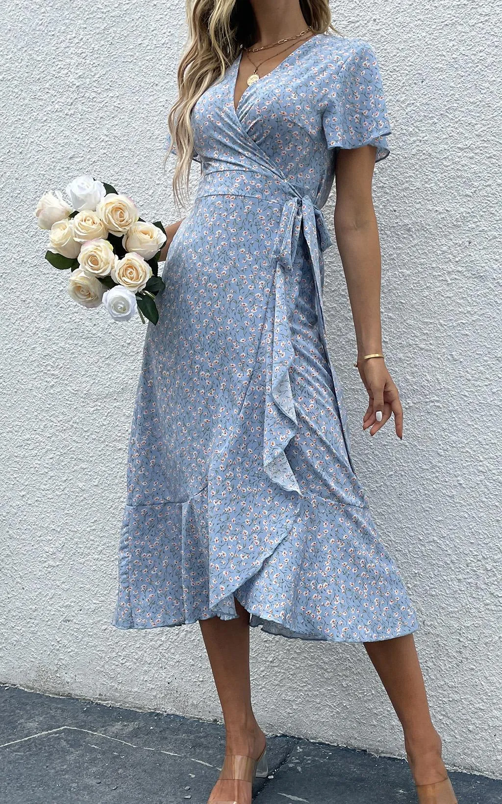 Floral Print Wrap Hem Midi Dress In Light Blue